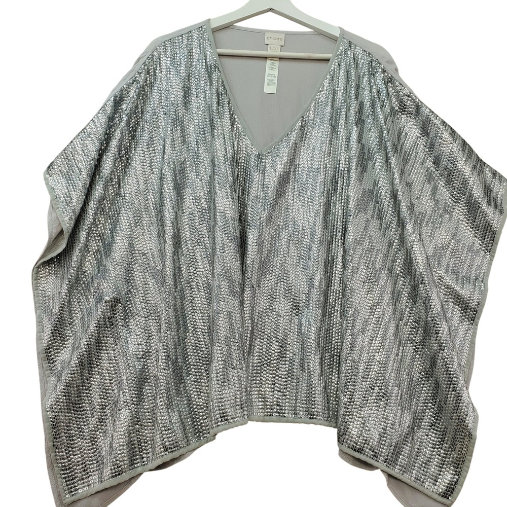 Chicos Time To Sequin Kaftan Top Womens L/XL Gray V Neck Poncho Blouse Party